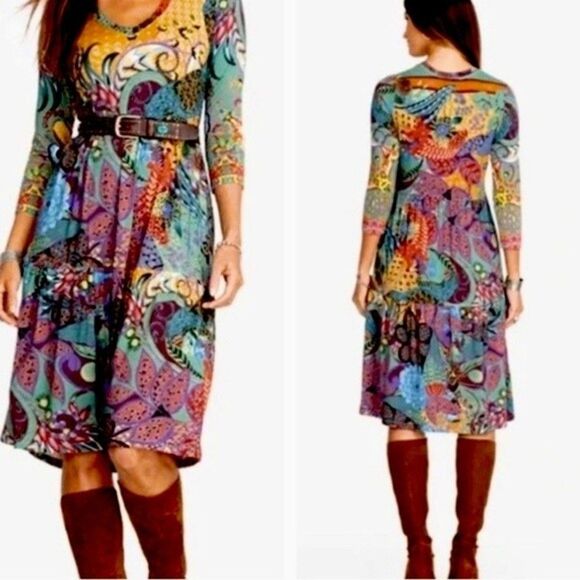 NEW Johnny Was Madison Vibrant 3/4 Sleeve Tiered Dress in Soft Knit Size S - Picture 2 of 11
